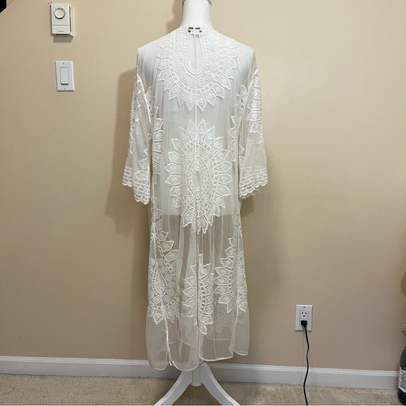 Rachel Zoe OS White Open Long Kimono | Lace Embroidery Coverup - Picture 8 of 13